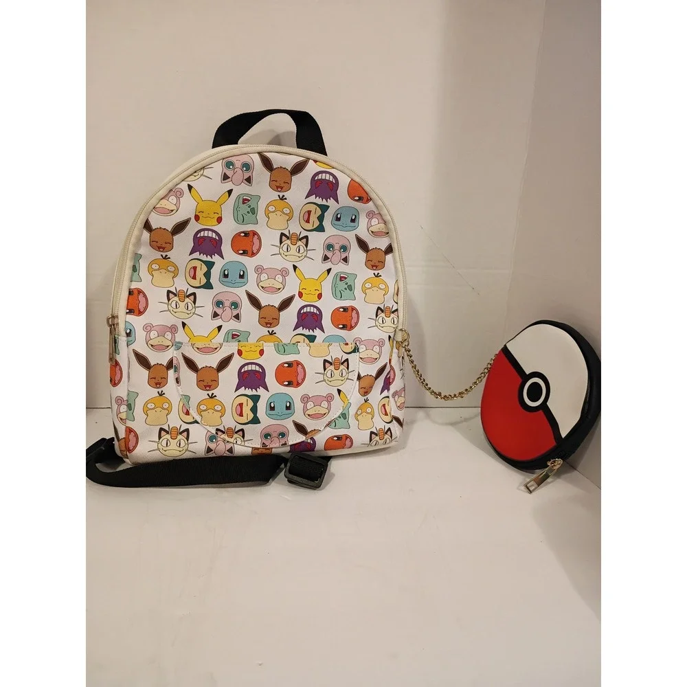 Pokemon Mini‎ Backpack with Poke Ball Coin Purse Pikachu Eevee White All Over.
